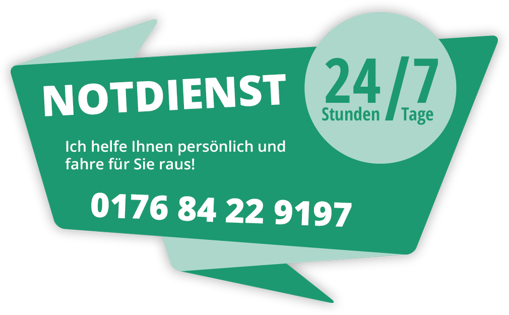 Grünes Notdienst-Infobanner der Tischlerei Mai für 24/7 Hilfe bei Glasbruch, Fenster- und Türreparaturen sowie Notverglasungen nach Einbrüchen in OWL.