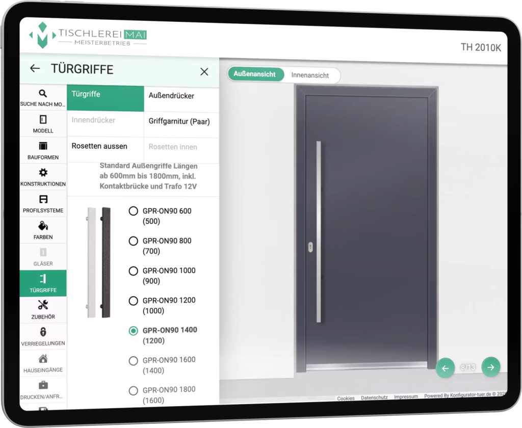 Haustüren Konfigurator Mockup der Tischlerei zeigt die Anwendung für Türgriffe