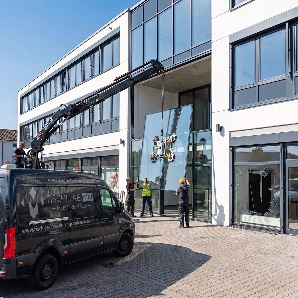 Professioneller Austausch einer XXL-Glasscheibe an einem modernen Geschäftsgebäude mittels Kran und Saugheber durch den Meisterbetrieb Tischlerei Mai in OWL.