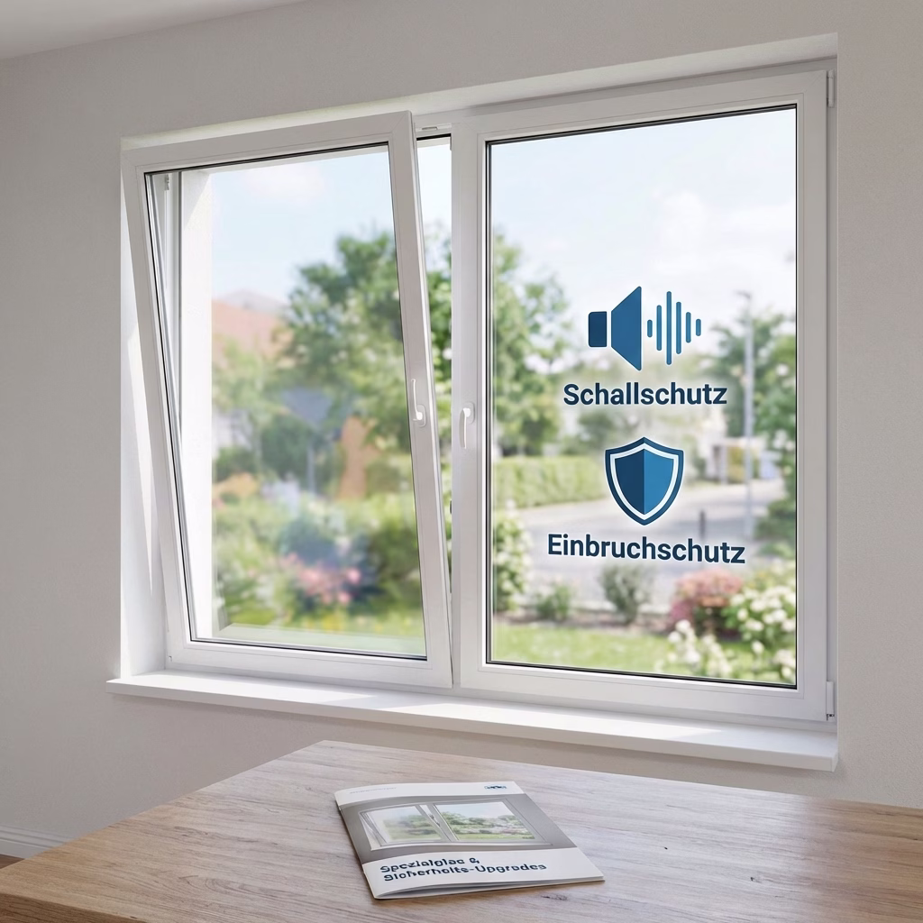 Darstellung eines modernen weißen Fensters mit grafischen Icons für Schallschutz und Einbruchschutz sowie einer Informationsbroschüre der Tischlerei Mai über technische Fenster-Verbesserungen.