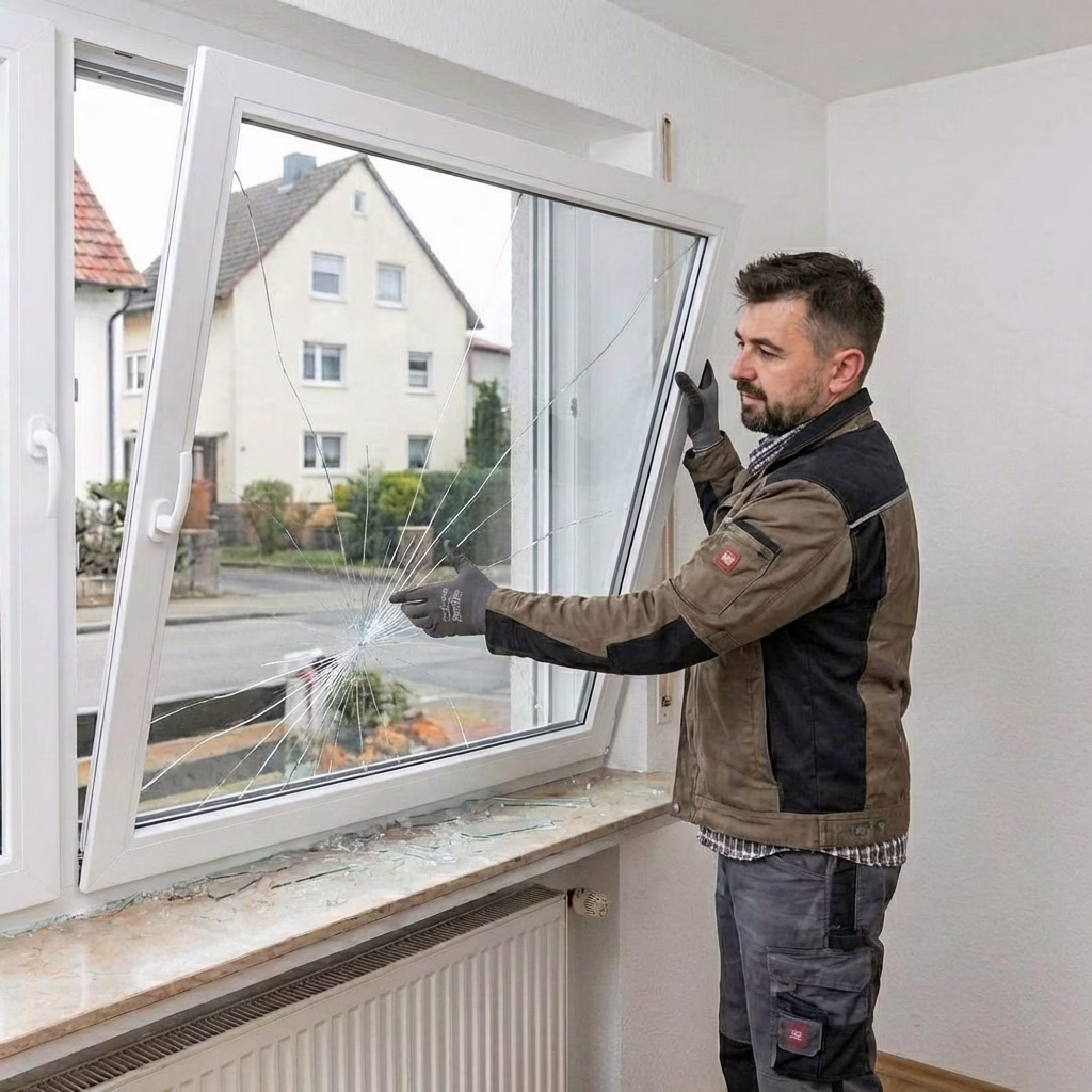 Ein Fachmann für Glasreparatur Fenster & Türen der Tischlerei Mai begutachtet eine stark gesprungene Fensterscheibe vor dem professionellen Austausch des Isolierglases in einem Wohngebäude in OWL.