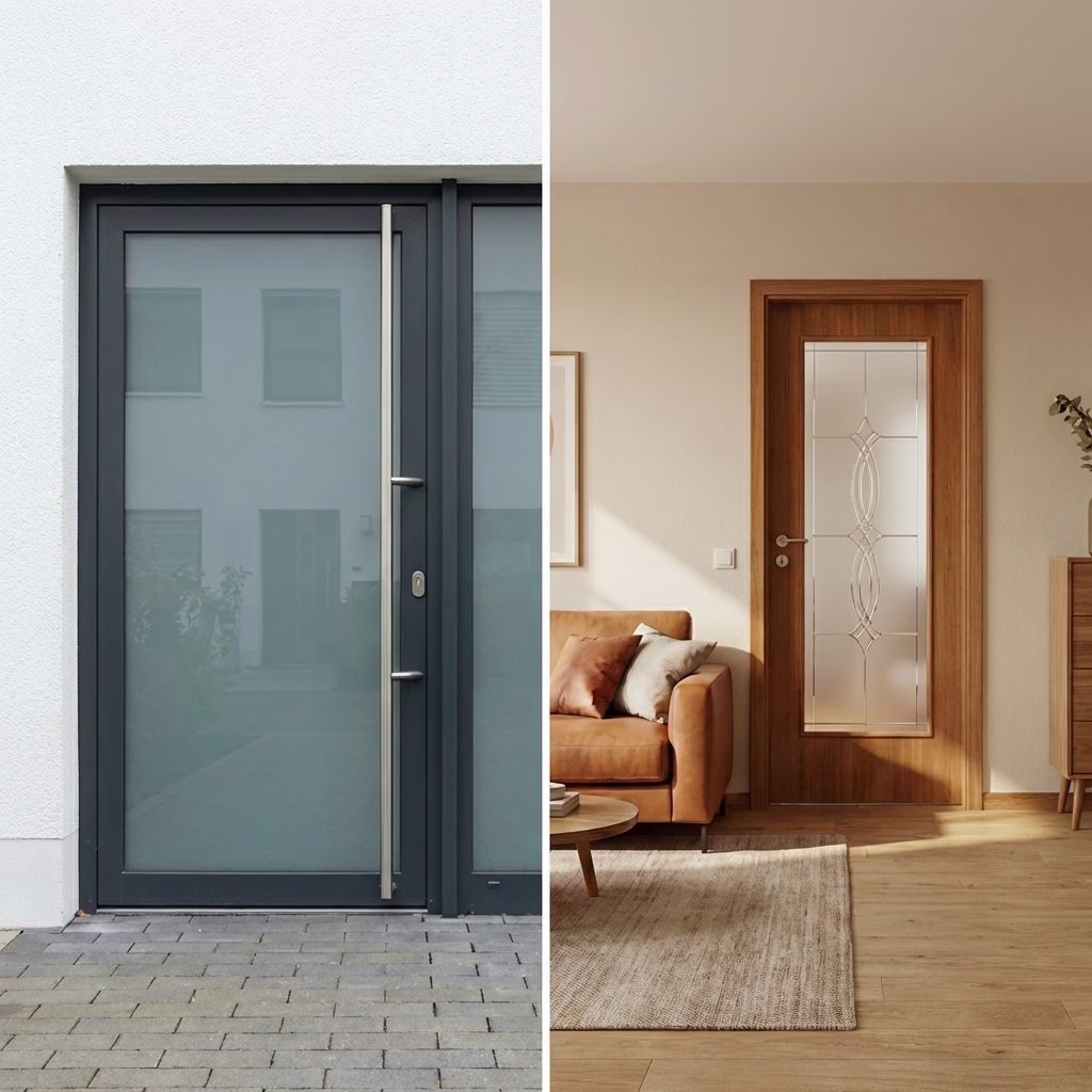 Gegenüberstellung einer modernen anthrazitfarbenen Haustür mit satinierter Glasfüllung und einer klassischen Holzzimmertür mit dekorativem Glaseinsatz, fachgerecht verglast durch die Tischlerei Mai.