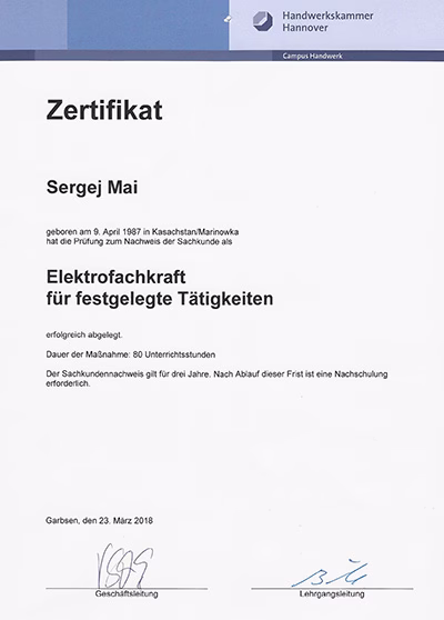 Referenzen 216 Tischlerei Mai Espelkamp Zertifikat Elektrofachkraft für festgelegte Tätigkeiten