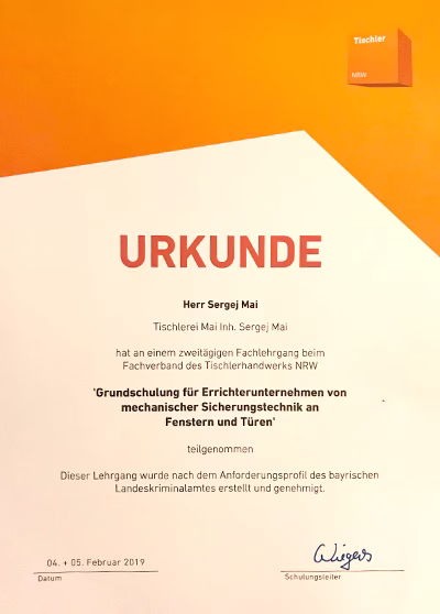 Referenzen 213 Tischlerei Mai Espelkamp Zertifikat Grundschulung für Errichterunternehmen von mechanischer Sicherungstechnik an Fenstern und Türen