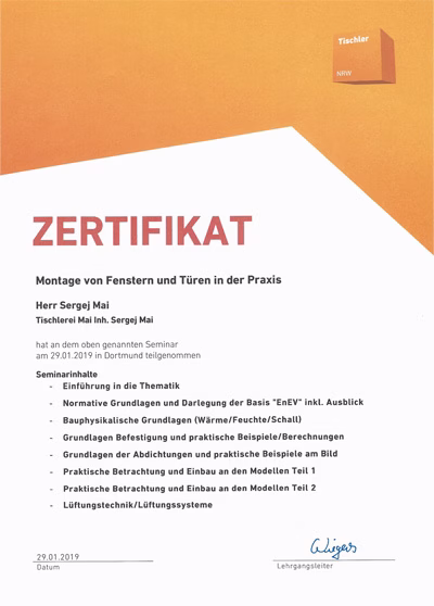 Referenzen 215 Tischlerei Mai Espelkamp Zertifikat Montage von Fenstern und Türen in der Praxis