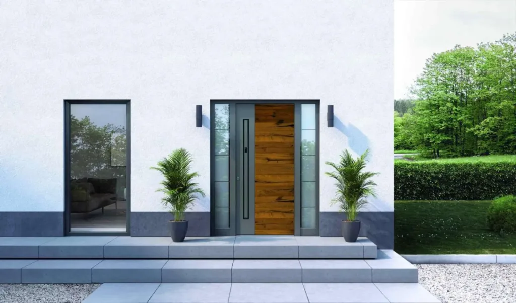 INOTHERM Aluminium-Haustür mit warmer Holzoptik, dunklem Griff und verglasten Seitenteilen