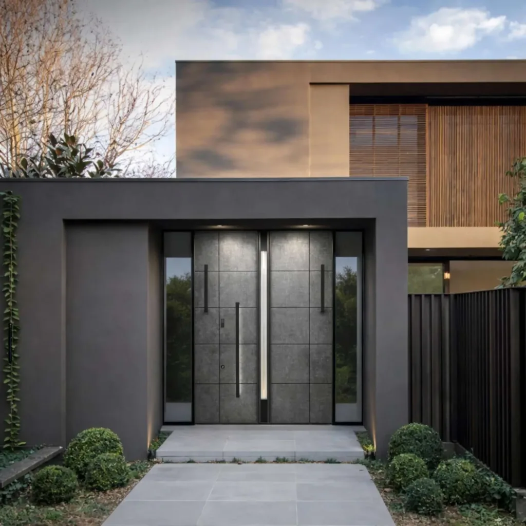 Großzügige zweiflügelige INOTHERM Haustür in grauer Betonoptik mit schwarzen Griffen und Glas-Seitenteilen