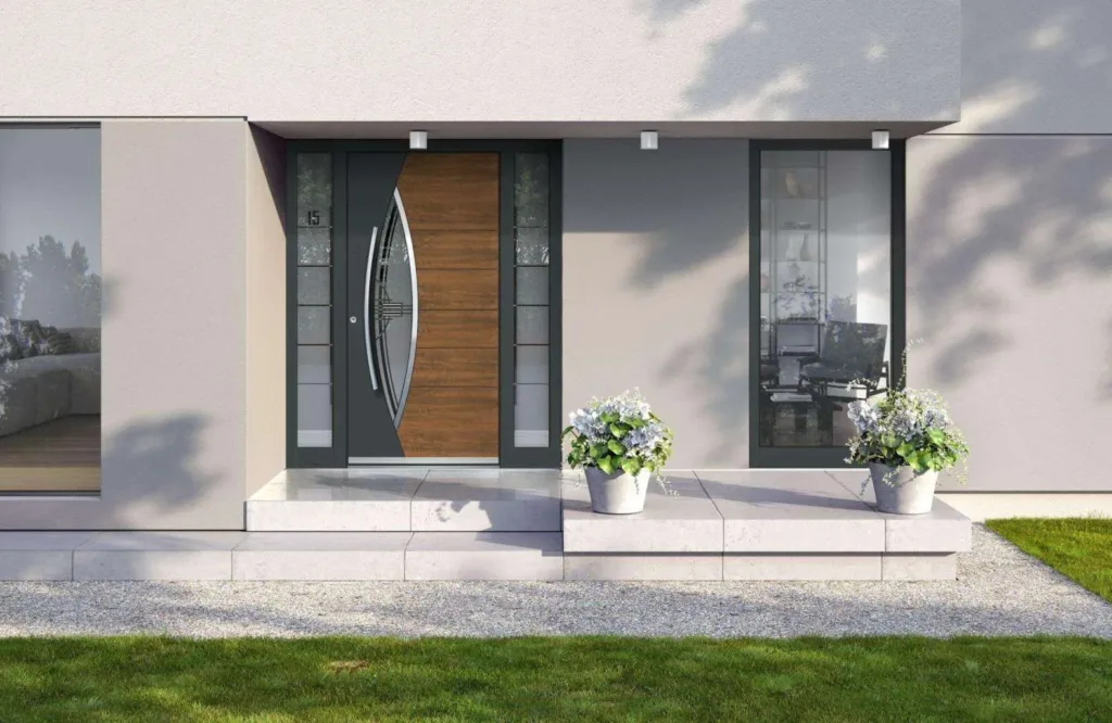 INOTHERM Haustür mit geschwungenem Glasausschnitt, gebogenem Griff und warmer Holzoptik