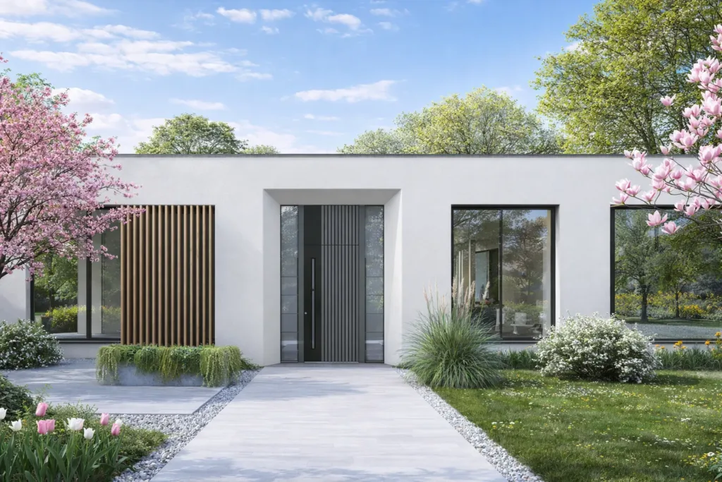 Hohe anthrazitfarbene INOTHERM Aluminium-Haustür mit vertikaler Gestaltung und Glas-Seitenteilen