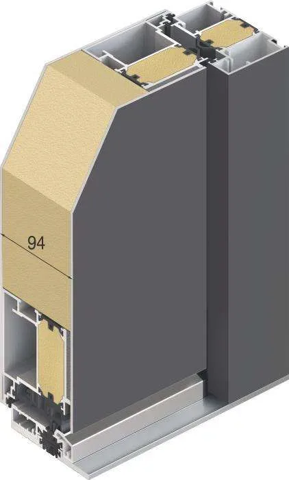 Schnittansicht des INOTHERM Profils AT 110 P plus mit Aluminiumprofilen, Dämmfüllung und Dichtungen; Beispielausführung